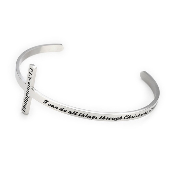 Inspirational Cuff Cross Bangle, "Philippians 4:13 - Picture 2 of 4